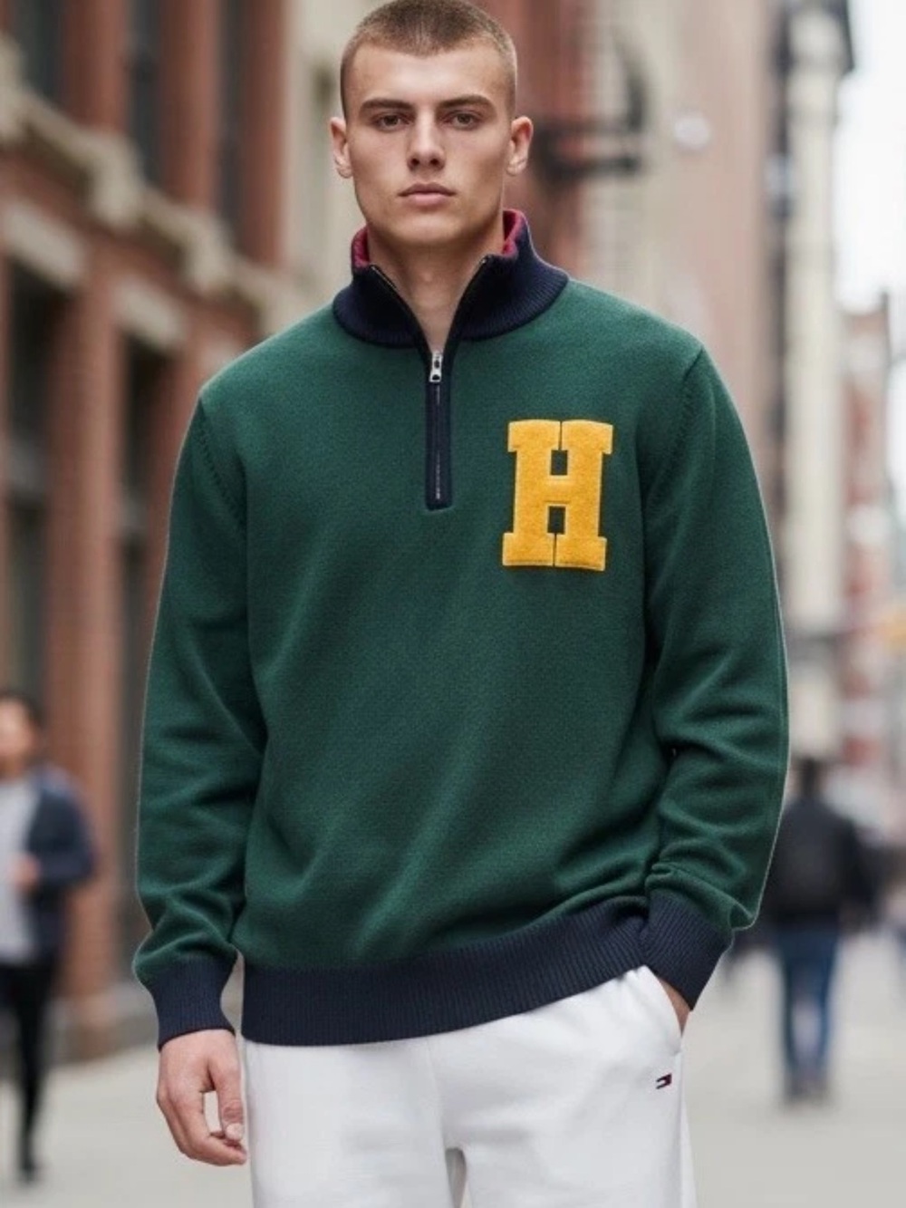 Tommy Hilfiger Quarter Zip Varsity Sweater Large Green 100% Cotton Excellent